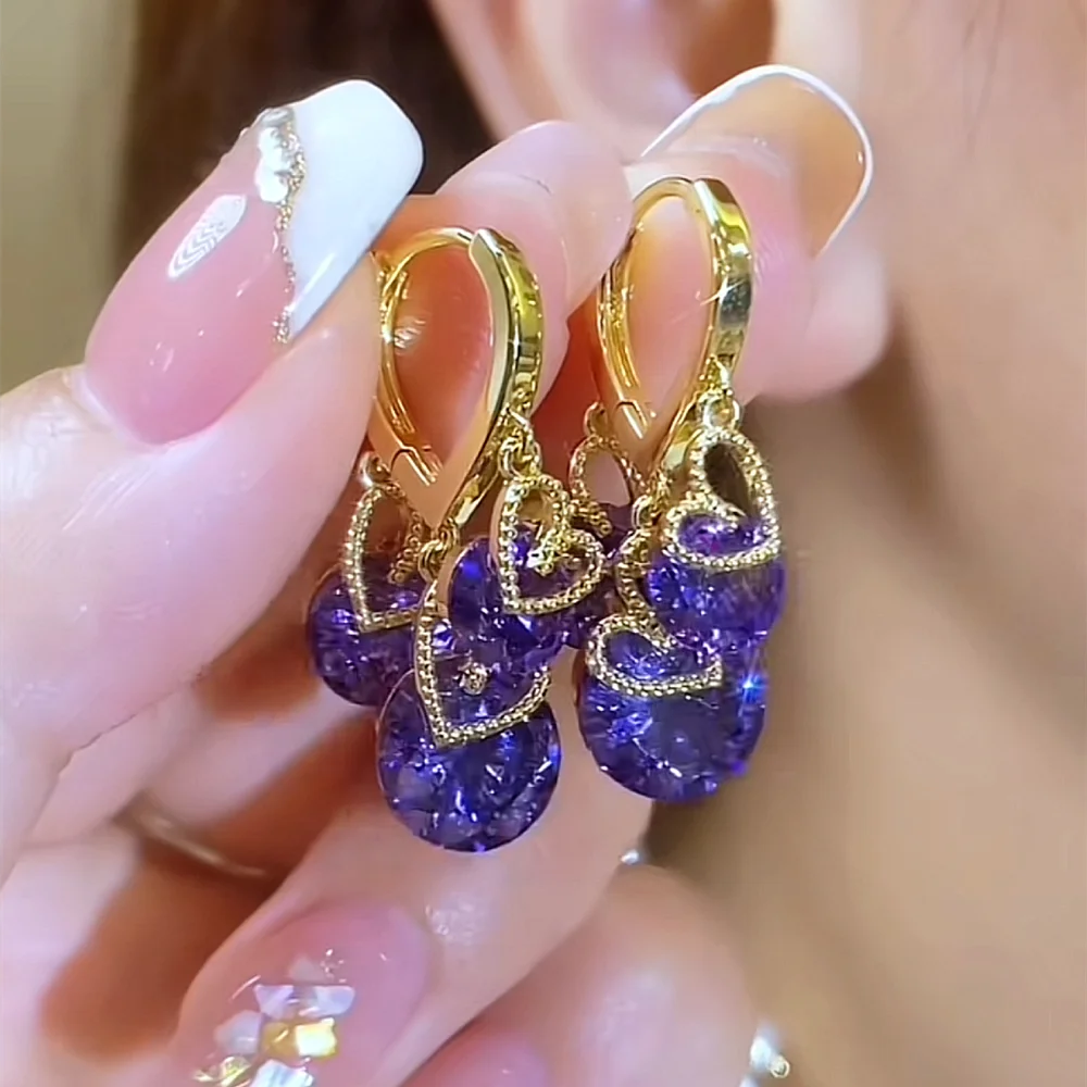 Zirconia Heart Shape Drop Earrings for Women Gold Color Elegant Crystal Dangle Earrings