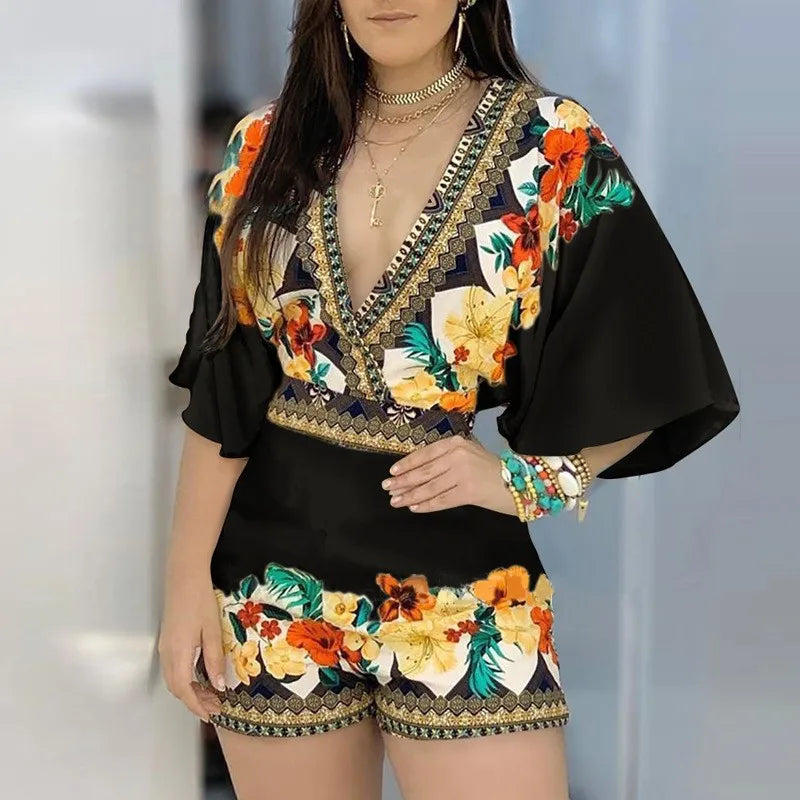 Women's Overalls V-neck Short Sleeve Romper Playsuit