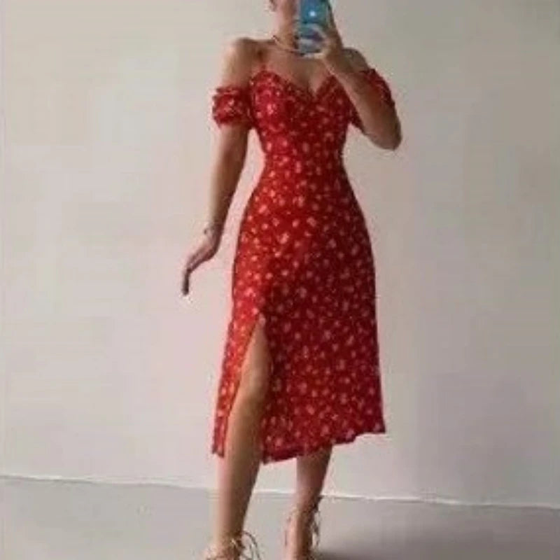 Women Elegant Off Shoulder V Neck Long Dress Sling Ruffle Strapless Slit Party Dress