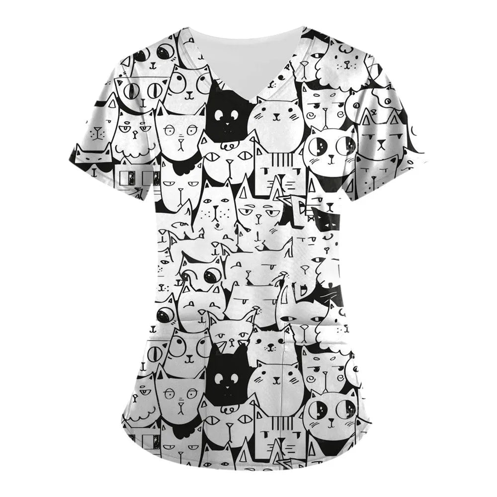 Medical Nursing Uniform Cute Animals Print V-Neck Short Sleeve T Shirt