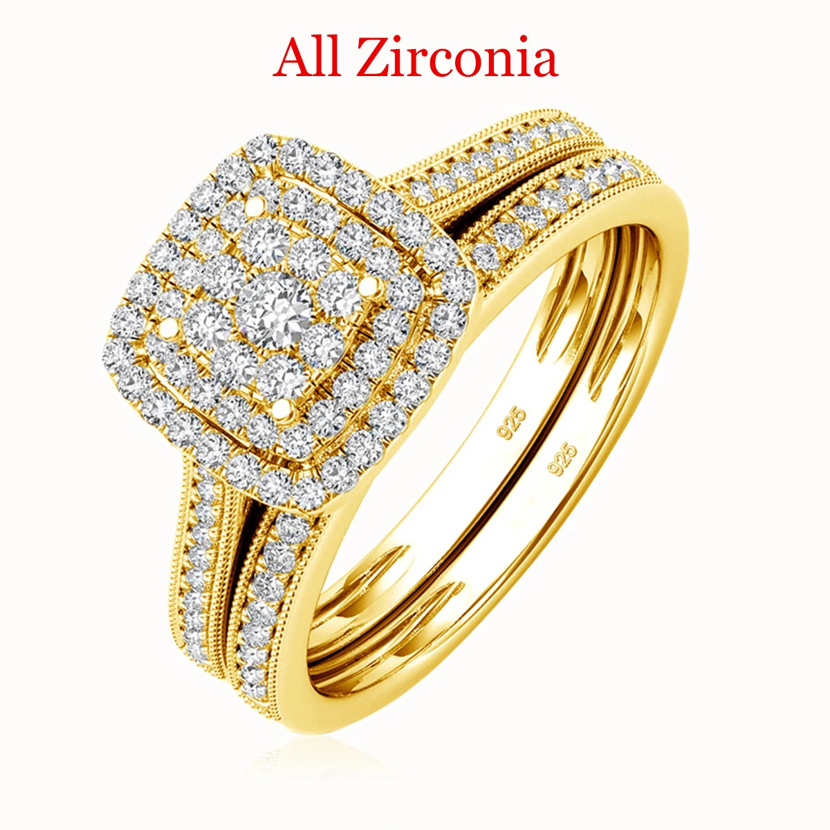 2PCS Yellow Gold Moissanite Engagement Rings set For Women 100% Real Pass Diamond Tester Wedding Band Jewelry Lover Couple Gifts.