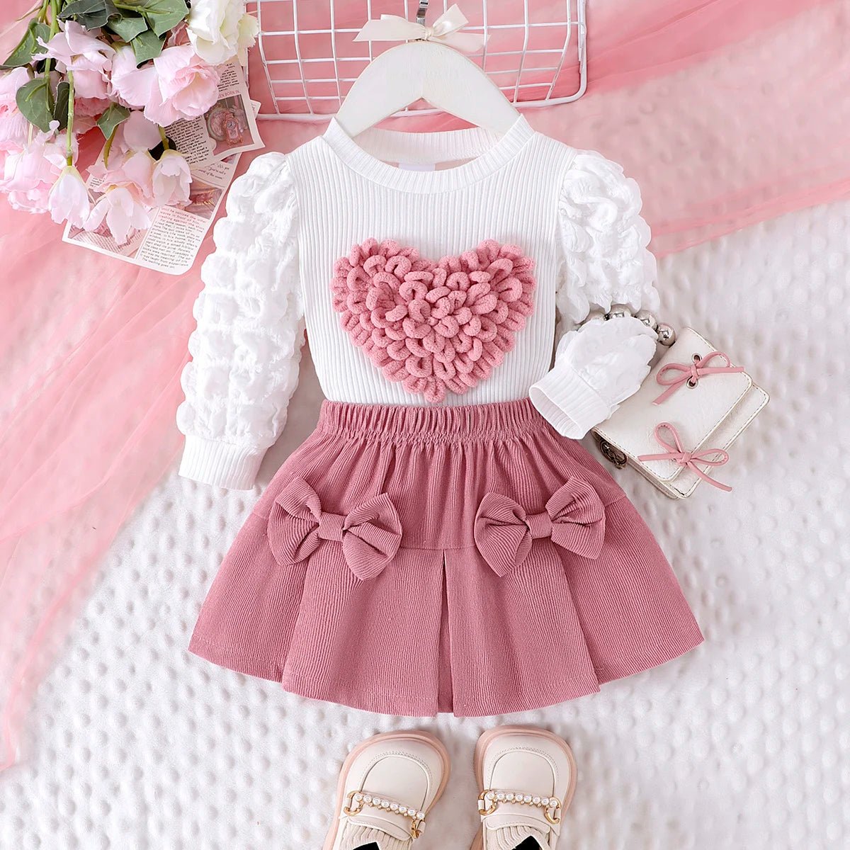 Comfortable Sweet And Cute Bubble Sleeves, Love Chapter Top + Pink Short Skirt Set girl clothing - Xprespick