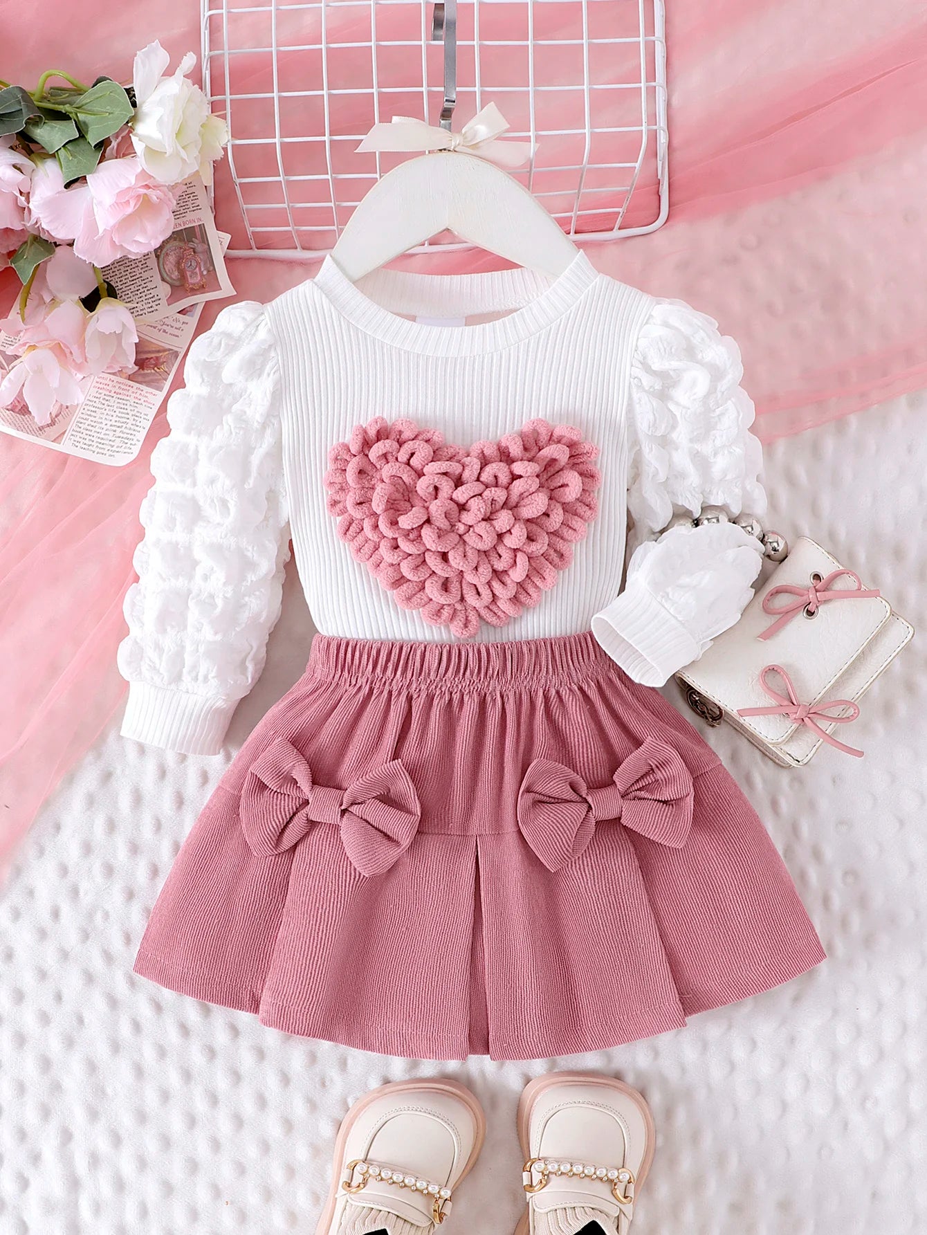 Comfortable Sweet And Cute Bubble Sleeves, Love Chapter Top + Pink Short Skirt Set girl clothing - Xprespick