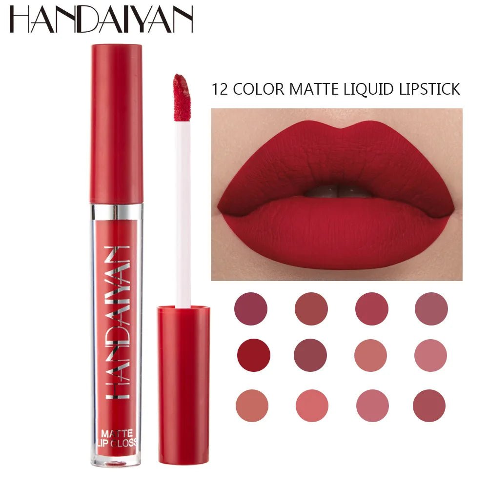 Handaiyan 12 Colors Matt Lip Gloss Longlasting Red Nude Lipstick Liquid matte Waterproof Lipgloss Makeup - Xprespick