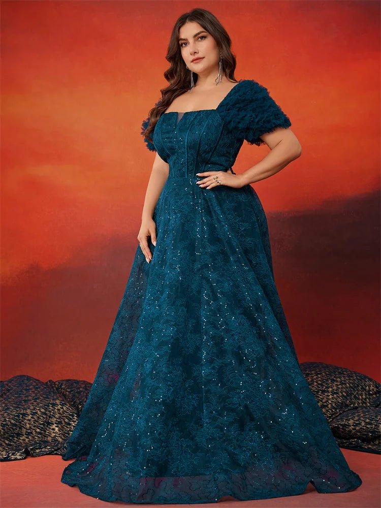 Lucyinlove Plus Size Blue Elegant Short Sleeve Blue Sequin Evening Dress Women Clothing - Xprespick