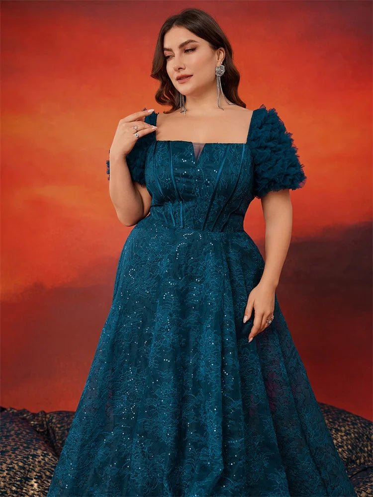 Lucyinlove Plus Size Blue Elegant Short Sleeve Blue Sequin Evening Dress Women Clothing - Xprespick