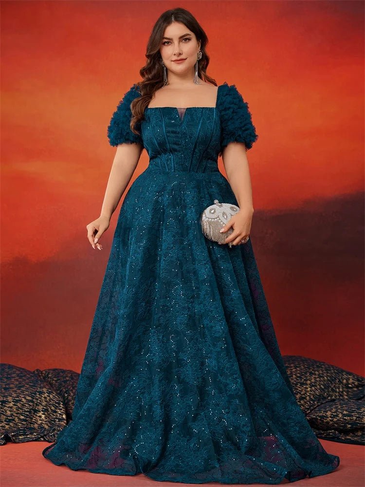 Lucyinlove Plus Size Blue Elegant Short Sleeve Blue Sequin Evening Dress Women Clothing - Xprespick