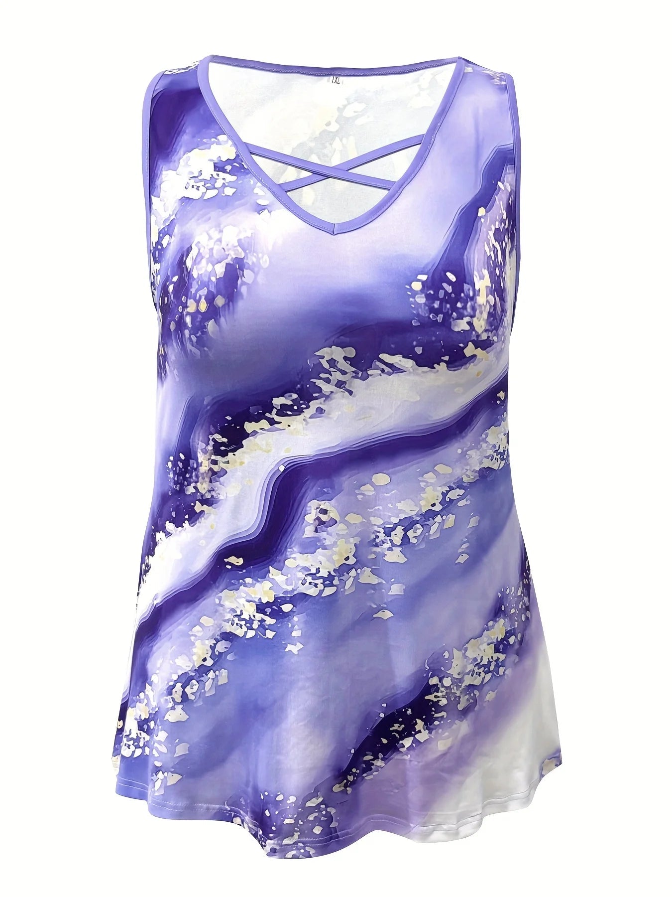 Marble Print Tank Top Casual Criss Cross Sleeveless V Neck Top For Summer & Spring Women Clothing - Xprespick