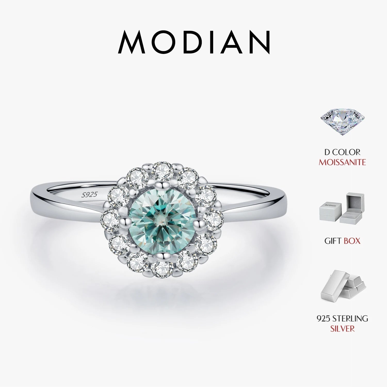 MODIAN D Color Green Teal Moissanite Halo Ring 925 Sterling Silver Trendy Elegant Finger Rings For Women Wedding Fine Jewelry - Xprespick