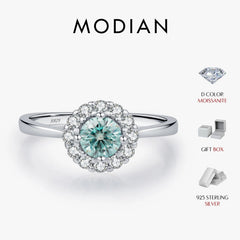 MODIAN D Color Green Teal Moissanite Halo Ring 925 Sterling Silver Trendy Elegant Finger Rings For Women Wedding Fine Jewelry - Xprespick
