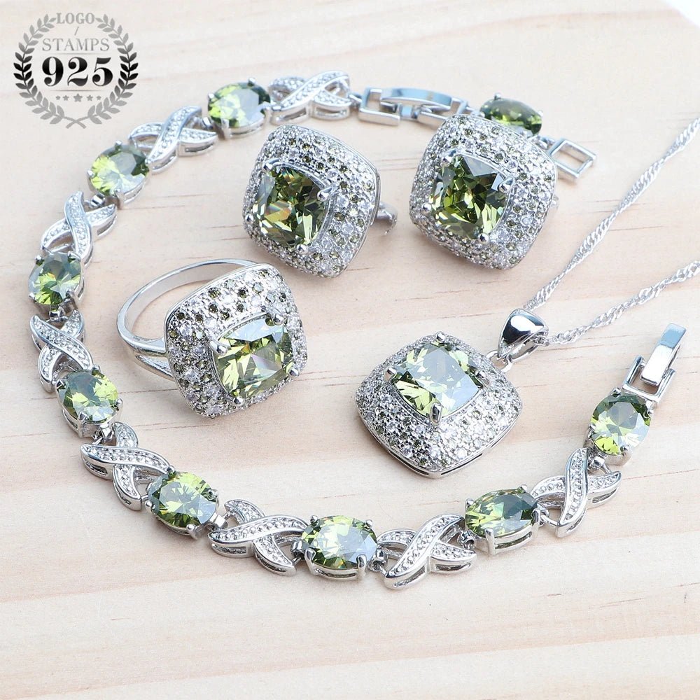 Olive Zircon 925 Silver Bridal Jewelry Sets Bracelets Rings Costume Jewelry Earrings Pendant Necklace For Women Wedding Set - Xprespick