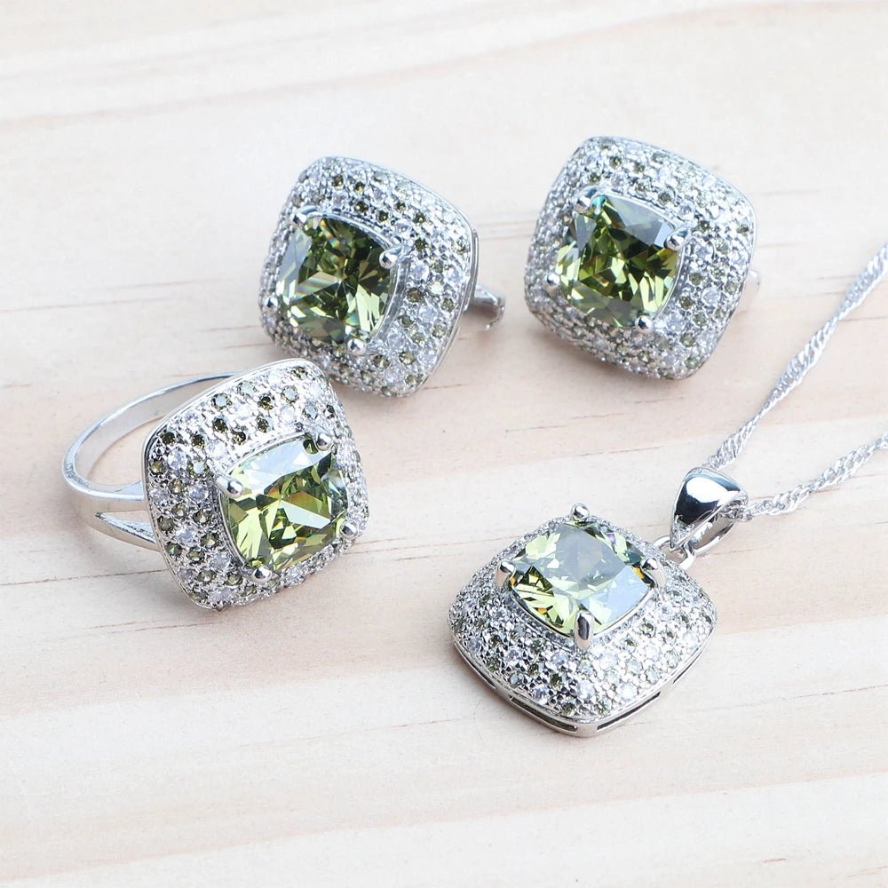 Olive Zircon 925 Silver Bridal Jewelry Sets Bracelets Rings Costume Jewelry Earrings Pendant Necklace For Women Wedding Set - Xprespick