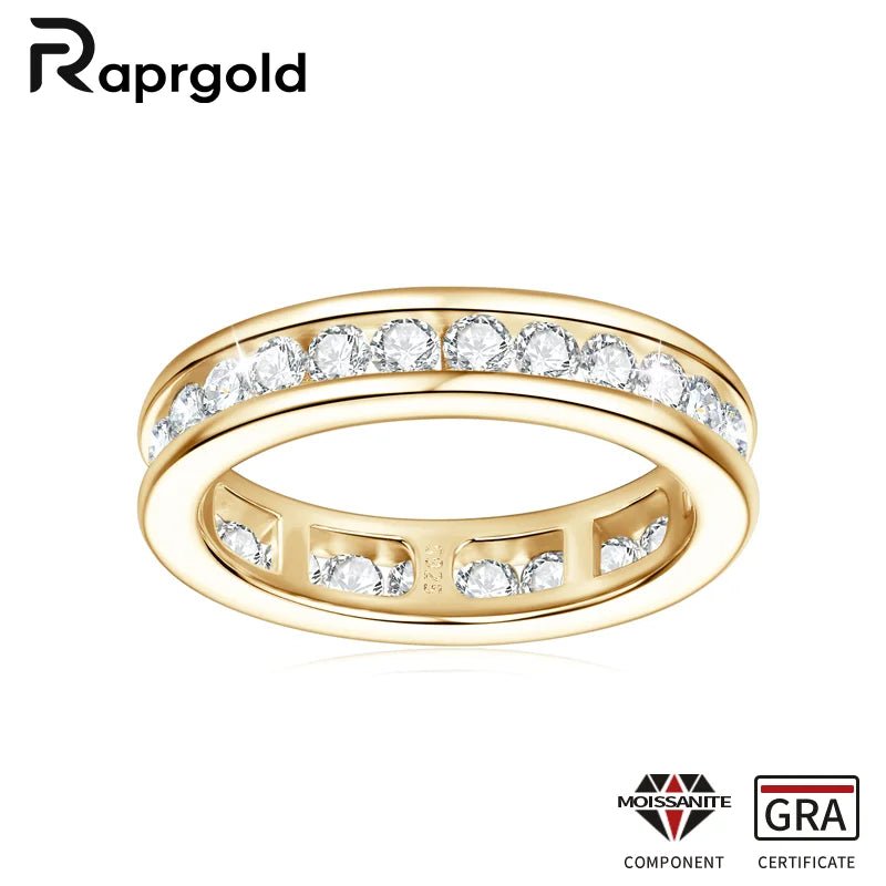 RAPRGOLD Real S925 Silver Groove Inlaid with D VVS1 Round Moissanite Ring for Women Fashion Wedding Ring with GRA Eternity Band - Xprespick