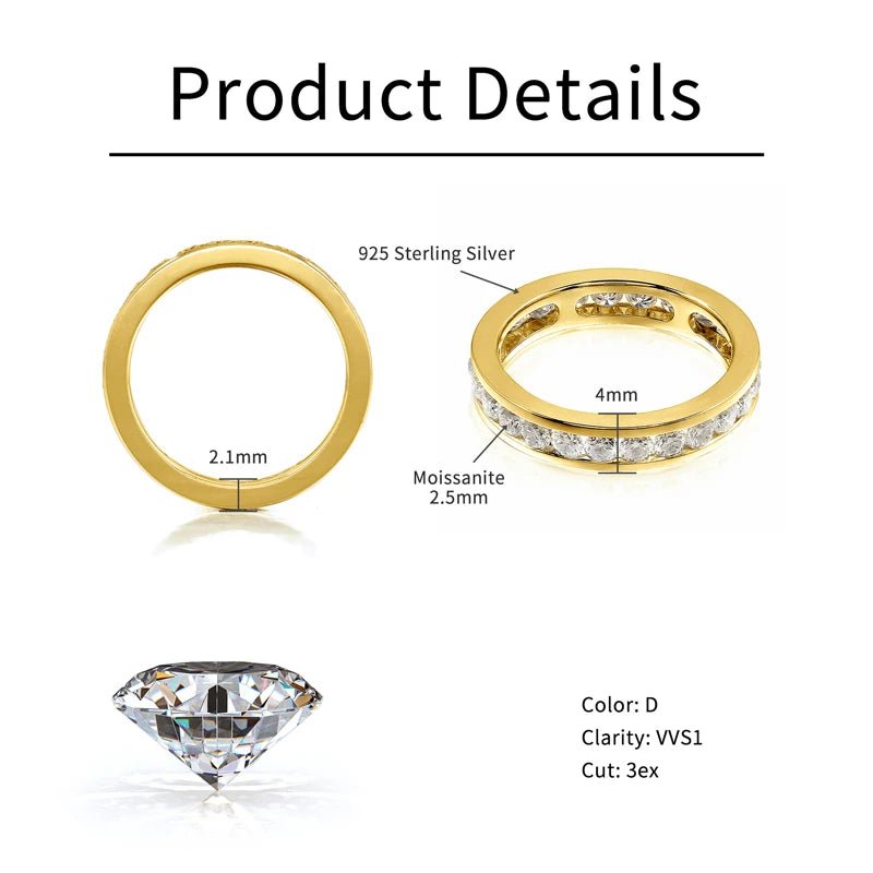 RAPRGOLD Real S925 Silver Groove Inlaid with D VVS1 Round Moissanite Ring for Women Fashion Wedding Ring with GRA Eternity Band - Xprespick