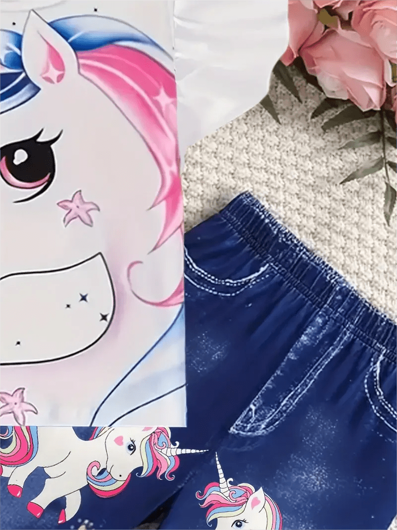Summer girls fashion trend set, 2 - piece peplum cartoon unicorn T-shirt and faux denim print bell bottoms Girls Jumpsuit - Xprespick