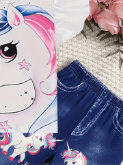 Summer girls fashion trend set, 2 - piece peplum cartoon unicorn T-shirt and faux denim print bell bottoms Girls Jumpsuit - Xprespick