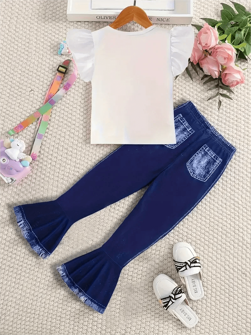 Summer girls fashion trend set, 2 - piece peplum cartoon unicorn T-shirt and faux denim print bell bottoms Girls Jumpsuit - Xprespick