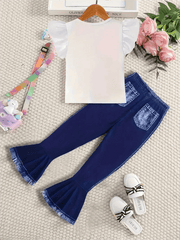 Summer girls fashion trend set, 2 - piece peplum cartoon unicorn T-shirt and faux denim print bell bottoms Girls Jumpsuit - Xprespick