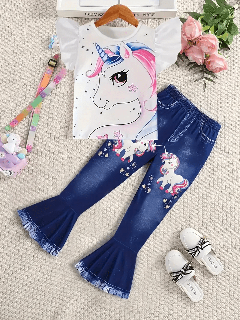 Summer girls fashion trend set, 2 - piece peplum cartoon unicorn T-shirt and faux denim print bell bottoms Girls Jumpsuit - Xprespick