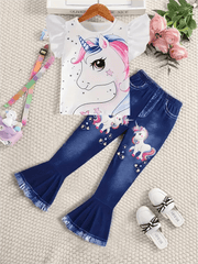 Summer girls fashion trend set, 2 - piece peplum cartoon unicorn T-shirt and faux denim print bell bottoms Girls Jumpsuit - Xprespick