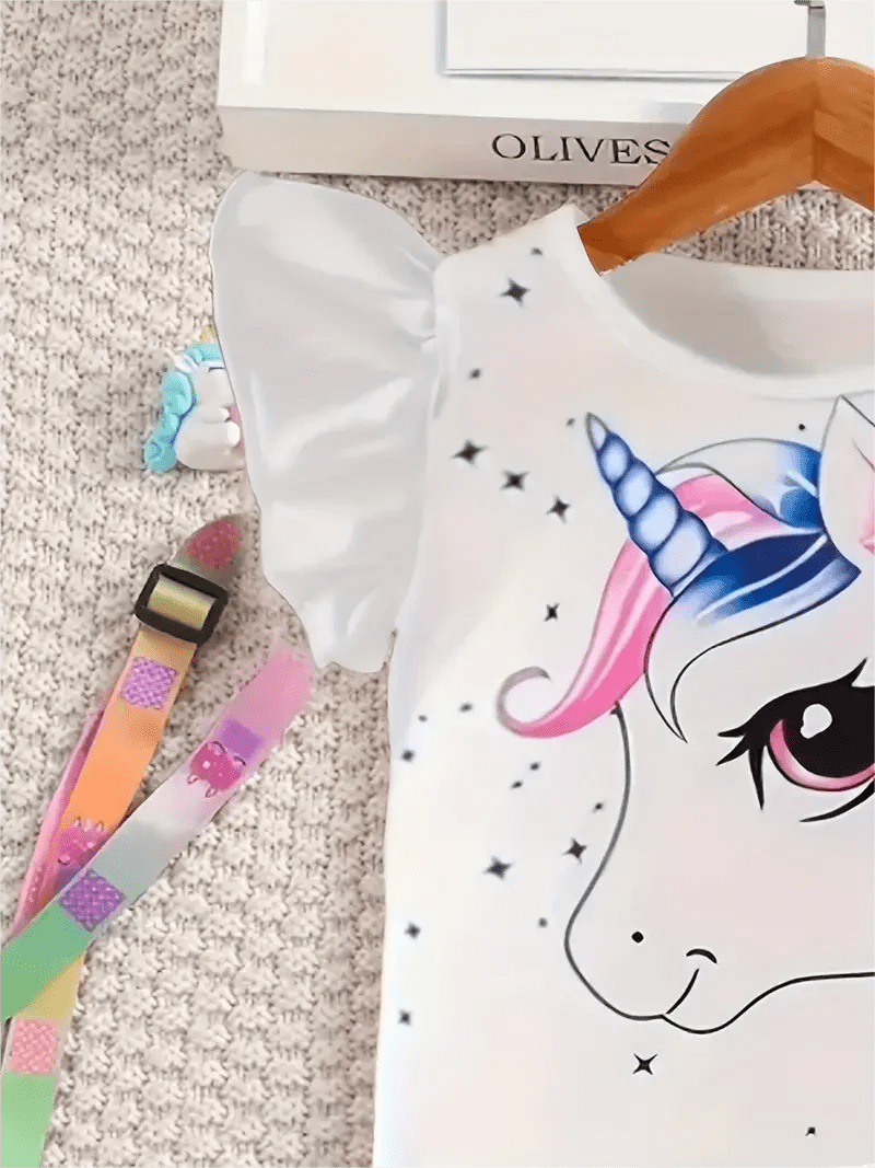 Summer girls fashion trend set, 2 - piece peplum cartoon unicorn T-shirt and faux denim print bell bottoms Girls Jumpsuit - Xprespick