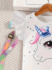 Summer girls fashion trend set, 2 - piece peplum cartoon unicorn T-shirt and faux denim print bell bottoms Girls Jumpsuit - Xprespick