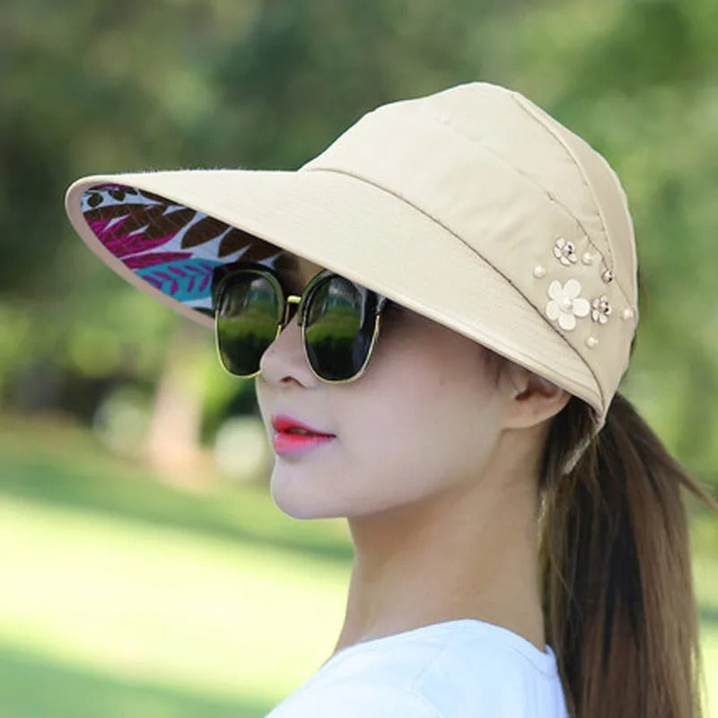 Hats for Women Foldable Sun Hat Pearl Flower Visor Suncreen Floppy Cap