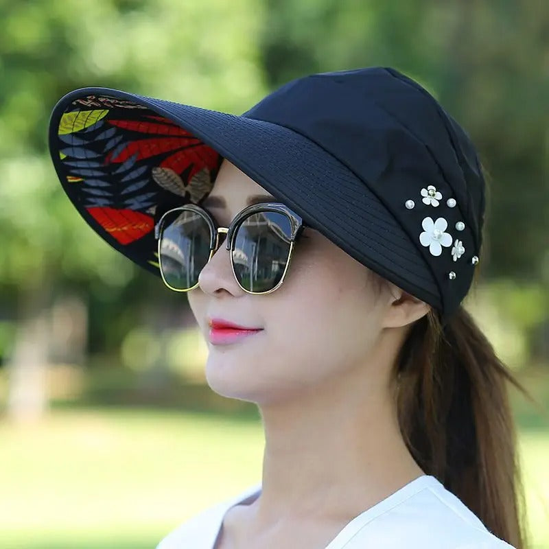 Hats for Women Foldable Sun Hat Pearl Flower Visor Suncreen Floppy Cap