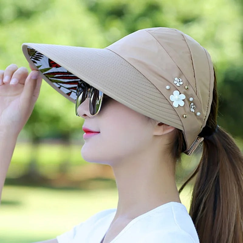 Hats for Women Foldable Sun Hat Pearl Flower Visor Suncreen Floppy Cap