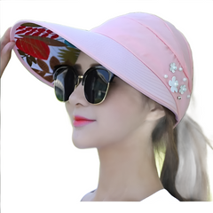 Hats for Women Foldable Sun Hat Pearl Flower Visor Suncreen Floppy Cap