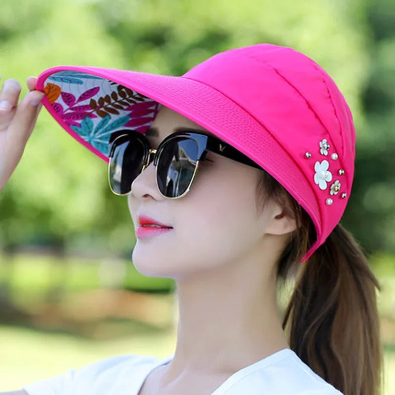 Hats for Women Foldable Sun Hat Pearl Flower Visor Suncreen Floppy Cap