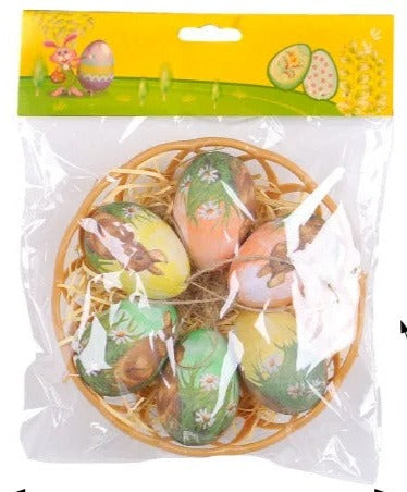 Easter Egg Hanging Ornaments with Woven Basket Painted Cartoon Bunny Pattern Easter Egg