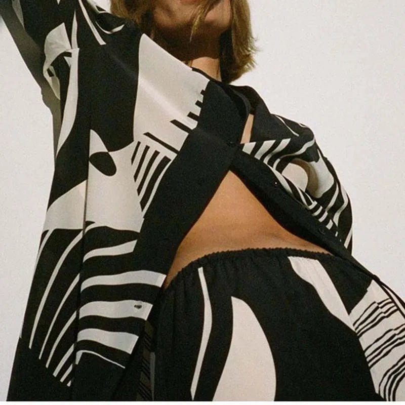 Women Digital Print 2 Piece Set Chic Lapel Long Sleeved Blouse Top Loose Straight Leg Pants Suit Women Clothing - Xprespick