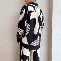 Women Digital Print 2 Piece Set Chic Lapel Long Sleeved Blouse Top Loose Straight Leg Pants Suit Women Clothing - Xprespick