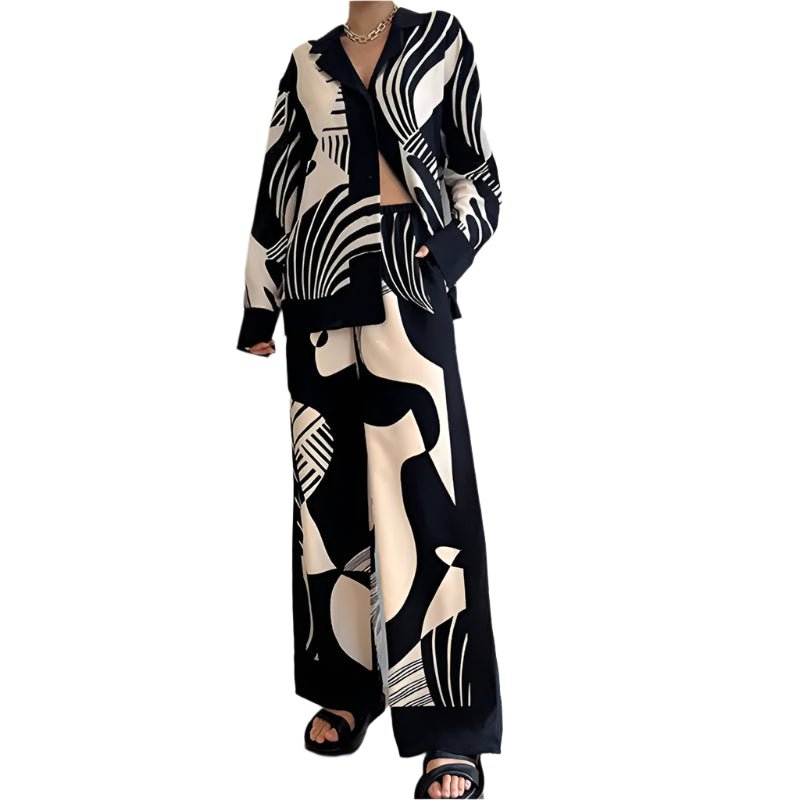Women Digital Print 2 Piece Set Chic Lapel Long Sleeved Blouse Top Loose Straight Leg Pants Suit Women Clothing - Xprespick