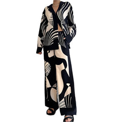 Women Digital Print 2 Piece Set Chic Lapel Long Sleeved Blouse Top Loose Straight Leg Pants Suit Women Clothing - Xprespick