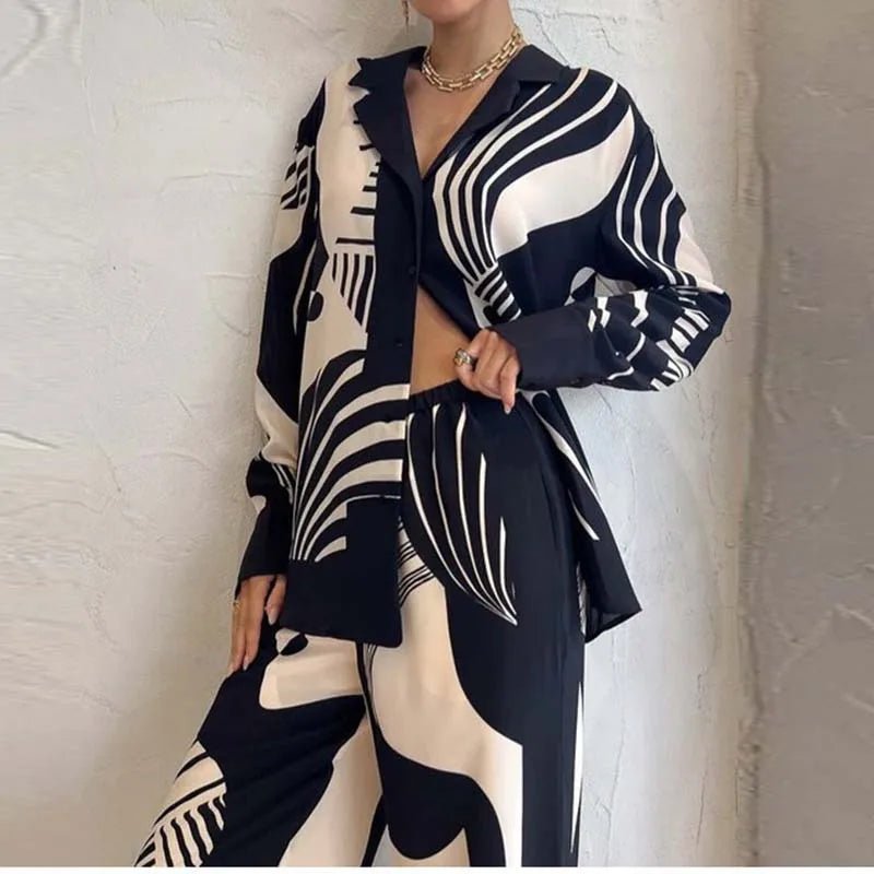 Women Digital Print 2 Piece Set Chic Lapel Long Sleeved Blouse Top Loose Straight Leg Pants Suit Women Clothing - Xprespick