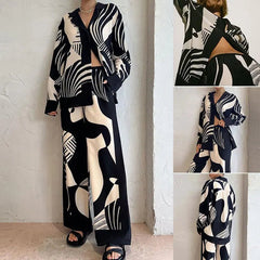 Women Digital Print 2 Piece Set Chic Lapel Long Sleeved Blouse Top Loose Straight Leg Pants Suit Women Clothing - Xprespick