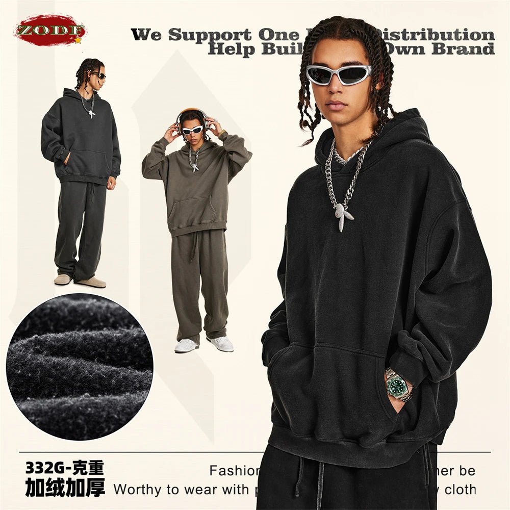ZODF 2024 Winter Men's Washed Fleece Hoodies Unisex Women Retro Loose Warm 332gsm Hooded Pullovers Sweatshirts HY0870 - Xprespick