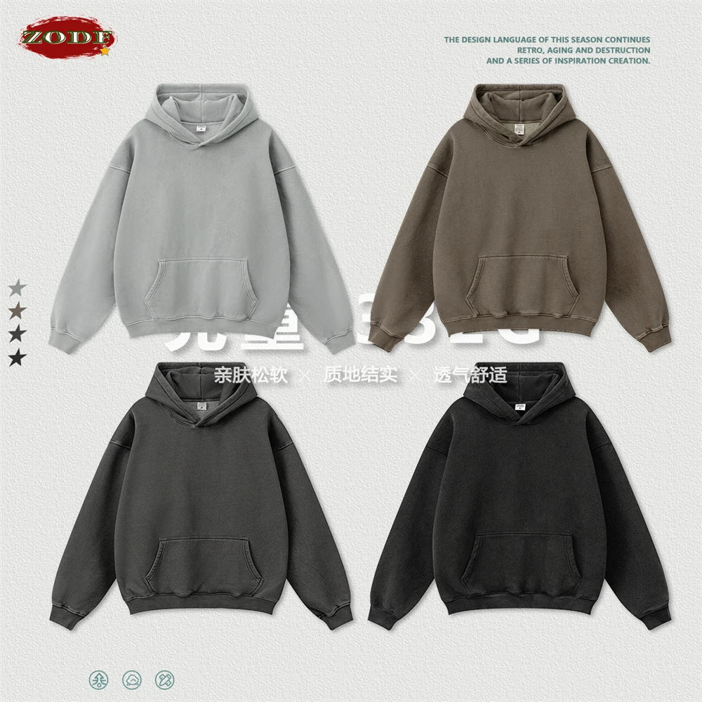 ZODF 2024 Winter Men's Washed Fleece Hoodies Unisex Women Retro Loose Warm 332gsm Hooded Pullovers Sweatshirts HY0870 - Xprespick