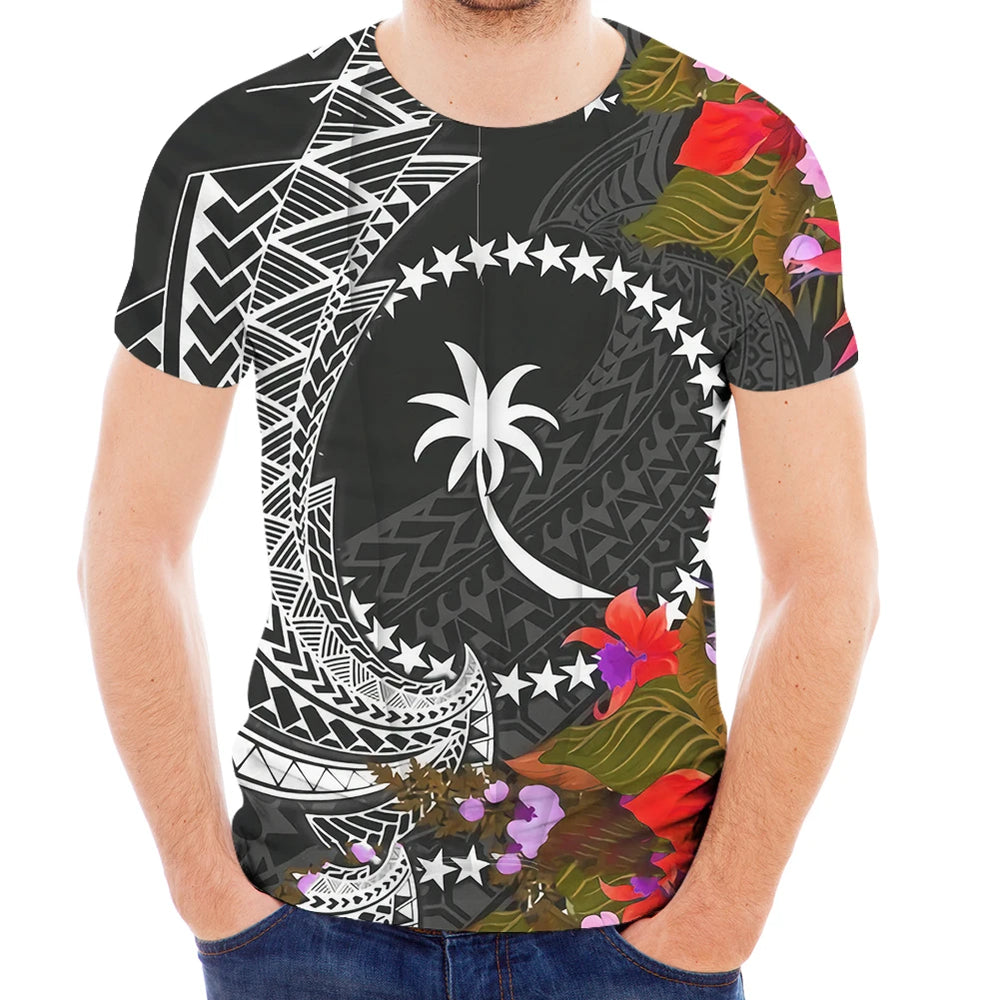 Shling Hawaiian Floral Guam Island Pattern Men Casual Shirts Plus Size Beach Polynesian O Neck T Shirts Men Custom T Shirt for Men Shling T-shirt for men