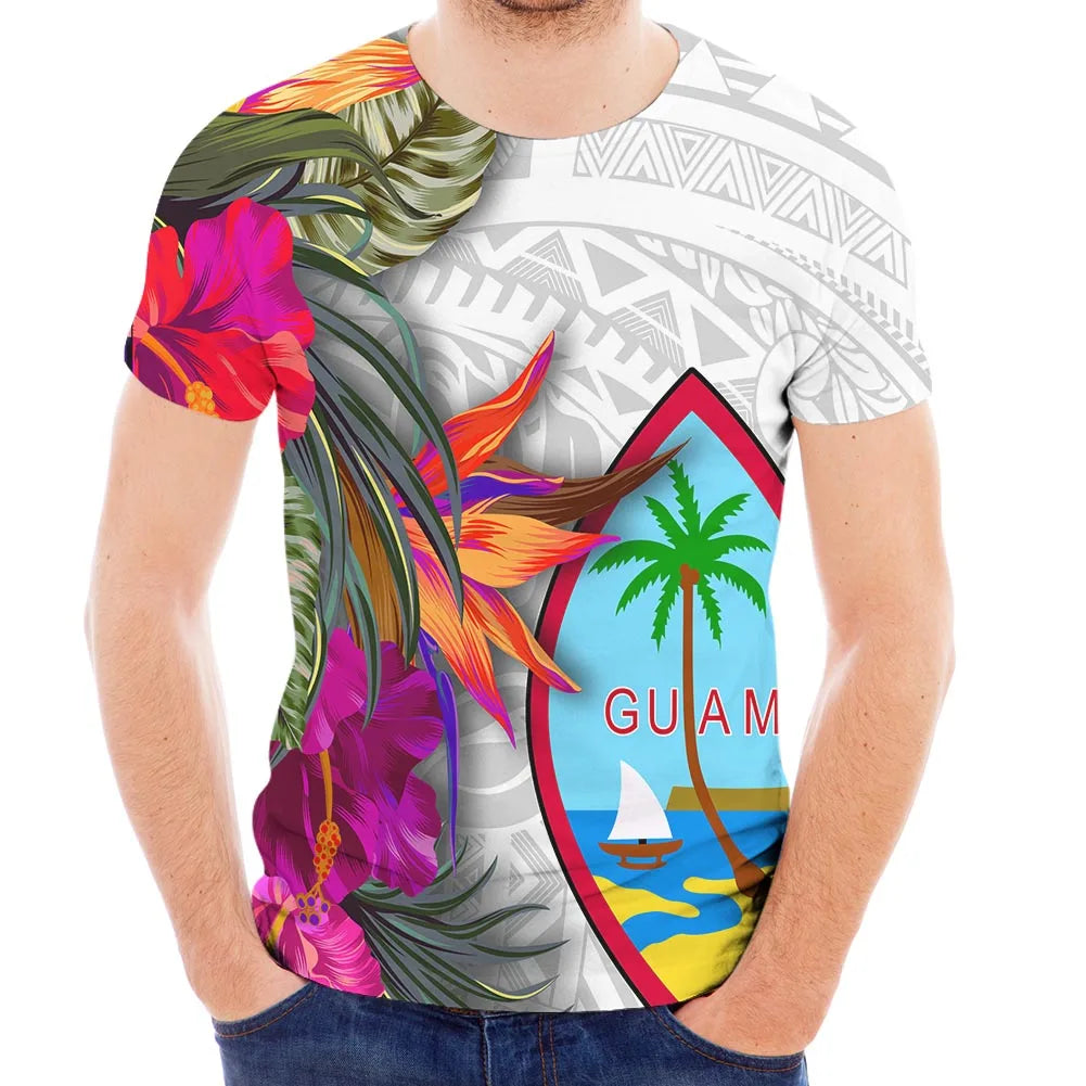 Shling Hawaiian Floral Guam Island Pattern Men Casual Shirts Plus Size Beach Polynesian O Neck T Shirts Men Custom T Shirt for Men Shling T-shirt for men