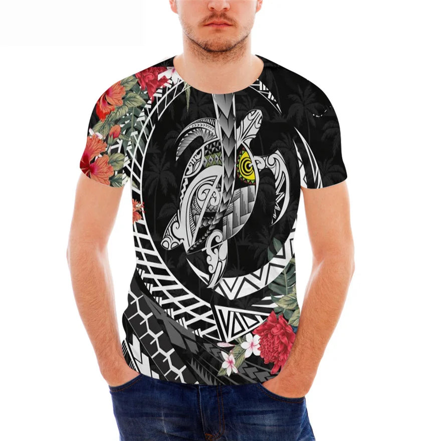 Shling Hawaiian Floral Guam Island Pattern Men Casual Shirts Plus Size Beach Polynesian O Neck T Shirts Men Custom T Shirt for Men Shling T-shirt for men